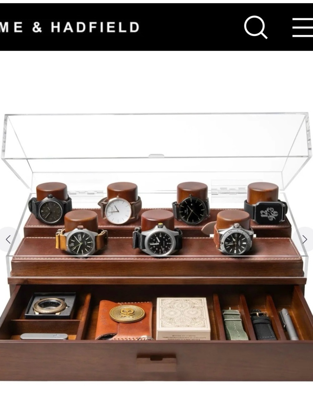 Brown Leather 8-Slot Watch Case with Accessory Drawer